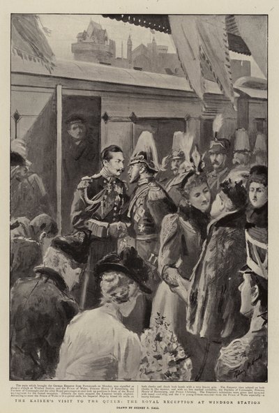 Het Bezoek van de Keizer aan de Koningin, de Koninklijke Ontvangst op Windsor Station door Sydney Prior Hall