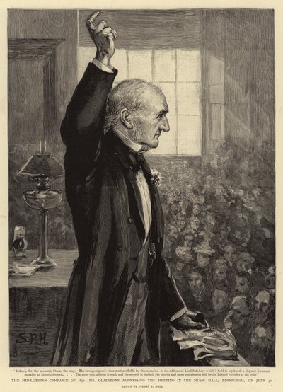 De Mid-Lothian Campagne van 1892, Mr Gladstone spreekt de Vergadering toe in de Muziekhal, Edinburgh, op 30 juni door Sydney Prior Hall