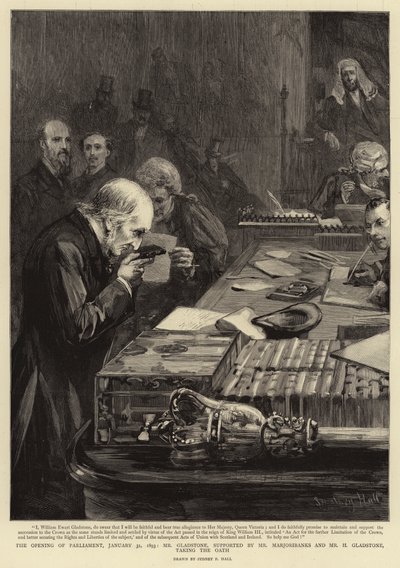 De opening van het parlement, 31 januari 1893, Mr. Gladstone, ondersteund door Mr. Marjoribanks en Mr. H. Gladstone, legt de eed af door Sydney Prior Hall