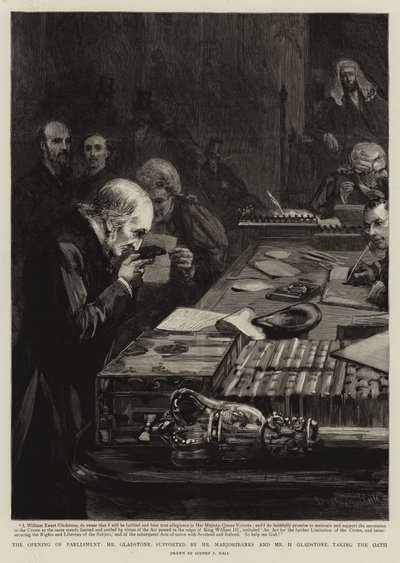 De opening van het parlement, Mr. Gladstone, ondersteund door Mr. Marjoribanks en Mr. H. Gladstone, legt de eed af door Sydney Prior Hall
