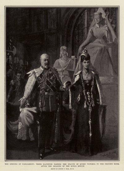 De opening van het parlement, hun Majesteiten passeren het standbeeld van Koningin Victoria in de Prinsenkamer, na het voorlezen van de troonrede door Sydney Prior Hall