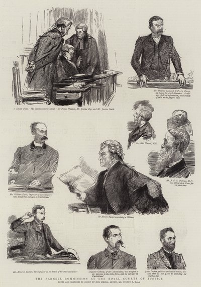 De Parnell-commissie bij de Royal Courts of Justice door Sydney Prior Hall