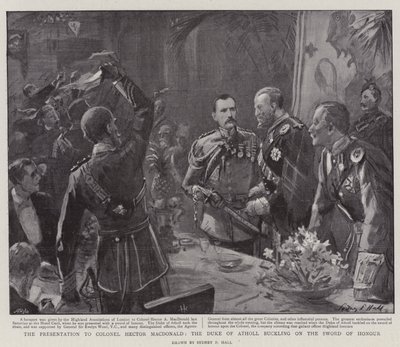 De presentatie aan kolonel Hector MacDonald, de hertog van Atholl die het Ere-zwaard vastmaakt door Sydney Prior Hall