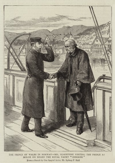 De Prins van Wales in Noorwegen, Mr. Gladstone bezoekt de Prins in Molde aan boord van het Koninklijk Jacht Osborne door Sydney Prior Hall
