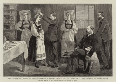De prins van Wales in Noorwegen, probeert een bruidskroon op het hoofd van een dienstmeid in Vossevangen door Sydney Prior Hall
