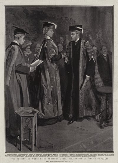 De prinses van Wales wordt toegelaten als Doctor in de Muziek van de Universiteit van Wales door Sydney Prior Hall