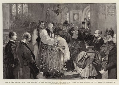 De koninklijke doop, de naamgeving van de tweede zoon van de hertog van York in de kerk van St Mary, Sandringham door Sydney Prior Hall