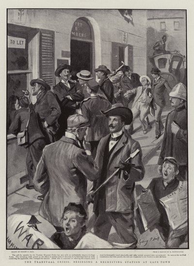 De Transvaal Crisis, belegering van een wervingsstation in Kaapstad door Sydney Prior Hall