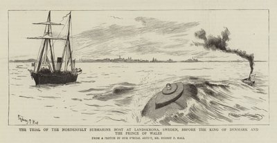Het proces van de Nordenfelt-onderzeeboot in Landskrona, Zweden, voor de koning van Denemarken en de prins van Wales door Sydney Prior Hall