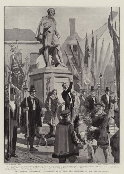 De Vandyck Tercentenary Vieringen in Antwerpen, de Decoratie van het Standbeeld van de Meester door Sydney Prior Hall
