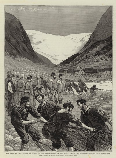 Het bezoek van de Prins van Wales aan Noorwegen, het binnenhalen van de Seine onder de Buarbrae, Sandvenvand, Hardanger door Sydney Prior Hall