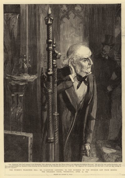 Het Vrouwenkiesrecht Wetsvoorstel, Mr. Gladstone luistert naar de Aantallen van de Stemlijst vanachter de Stoel van de Spreker, woensdag 27 april 1892 door Sydney Prior Hall