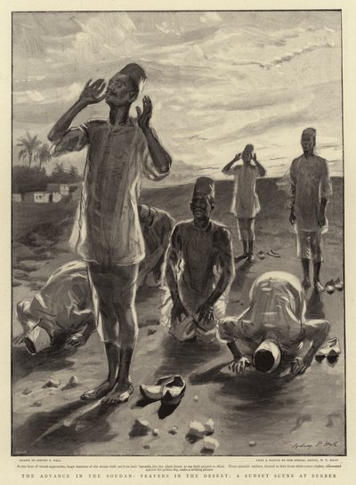 De opmars in Soedan, gebeden in de woestijn, een zonsondergangscène bij Berber door Sydney Prior Hall