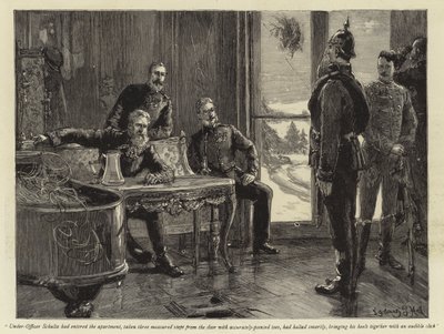 Onder-Officier Schultz had het appartement betreden, drie gemeten stappen vanaf de deur genomen met nauwkeurig gerichte tenen, was scherp gestopt en bracht zijn hielen samen met een hoorbare klik (gravure) door Sydney Prior Hall