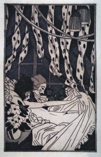 Erotiek: Giacomo Casanova (1725-1798) heft de lakens op om zijn naakte minnares te aanschouwen, begin 20e eeuw (ets) door Sylvain Sauvage