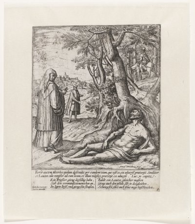 Een priester en een Leviet gaan voorbij en laten de gewonde reiziger liggen door Symon Novelanus