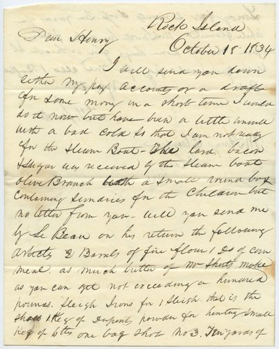 Brief ondertekend T.F. Smith, Rock Island, aan Henry Chouteau, St. Louis, Mo., 18 oktober 1834 door T.F. Smith
