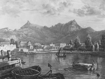 Port Louis, Mauritius, vanaf de oostkant van de haven, ca. 1830 (lithografie) door T. (after) Bradshaw
