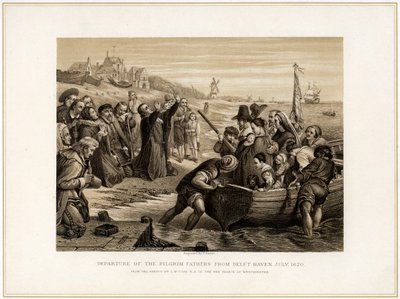 Vertrek van de Pelgrimsvaders uit Delft Haven, juli 1620, 19e eeuw door T Bauer