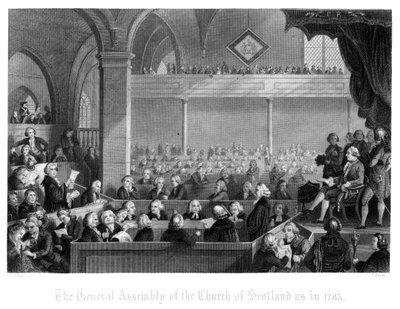 De Algemene Vergadering van de Kerk van Schotland zoals in 1783 door T. Brown
