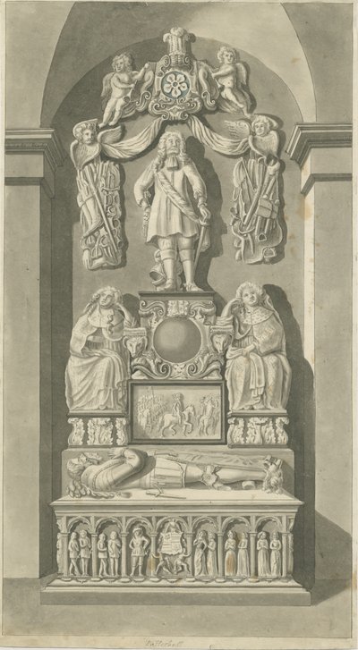 Interieur van Patshull Church - Astley graven: sepia tekening, nd [eind 18e eeuw] (prent) door T Carter