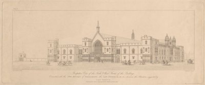 Perspectief Uitzicht op de Noord- en Westgevels van de Gebouwen verbonden met de Twee Huizen van het Parlement, de Rechtbanken door T. Kearnan