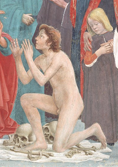 Detail van het herrezen kind, van de Opwekking van de Zoon van Theophilus, en St. Petrus als Eerste Bisschop van Antiochië, c.1427 en c.1484-85 (detail) door Tommaso Masaccio