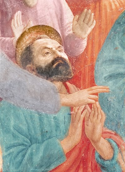 Het hoofd van St. Paulus, uit de opwekking van de zoon van Theophilus, en St. Petrus als eerste bisschop van Antiochië, ca. 1427 en ca. 1484-85 (detail) door Tommaso Masaccio