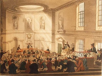 India House, de Verkoopkamer, uitgegeven door Ackermann door T. and Pugin A.C. Rowlandson