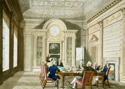 De administratiekamer van de Britse Admiraliteit. Gekleurde ets gepubliceerd op 1 januari door T. & Pugin A.C. (1762 1832) (after) Rowlandson