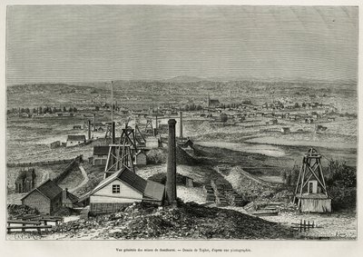 Algemeen overzicht van de mijnen van Sandhurst, gravure naar een tekening van Taylor, illustratie van het verhaal zes maanden in Australië, door Desire Charnay, missieopdracht door het Ministerie van Openbaar Onderwijs, in 1878, gepubliceerd in Le tour du  door T Taylor