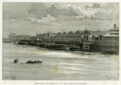 Guinness-brouwerij, exportdok. Gravure door Taylor, ter illustratie van het verhaal Trois mois en Irlande, in 1889, door Marie Anne de Bovet, in le tour du monde 1890, geregisseerd door Edouard Charton (1807-1890), Hachette, Parijs. door T Taylor