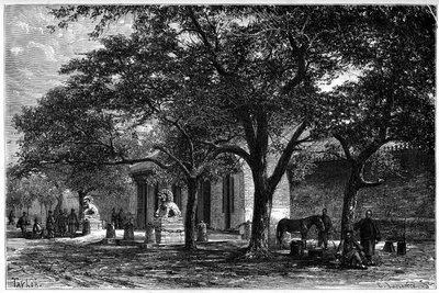 Legatie van Frankrijk betrad Peking (Beijing) in de 19e eeuw. Gravure naar een tekening van Taylor, naar een foto van Dr. Morache, in 