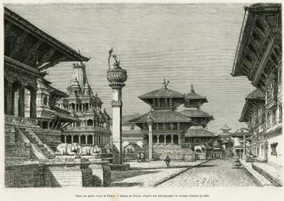 Plaats van het Koninklijk Paleis van Patan (Huidig Lalitpur). Gravure door Taylor ter illustratie van het verhaal 