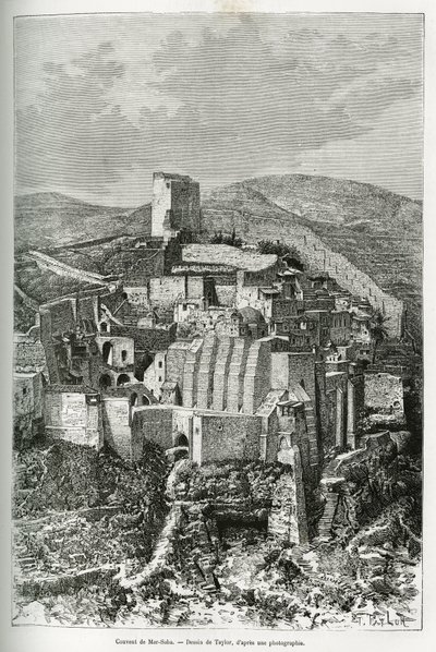 Het klooster van Mar-Saba (Mar Saba) (Palestina). Gravure door Taylor, ter illustratie van het verhaal van Syrië vandaag, door M. Lortet, decaan van de Faculteit Geneeskunde van Lyon, belast met een wetenschappelijke missie door het Ministerie van Openbaar door T Taylor
