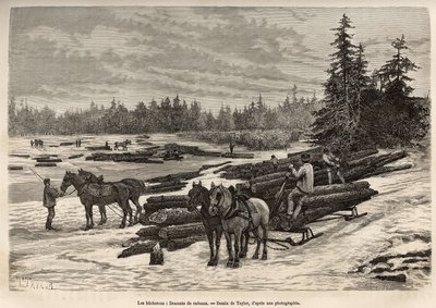 De afdaling van de vlotten in Ontario, de houthakkers lossen de gekapte stammen en plaatsen ze op de bevroren rivier, dan tijdens de dooi, zullen de stammen door de stroom naar de plaats worden gebracht waar ze worden gelost en getransformeerd, gravure naa door T Taylor