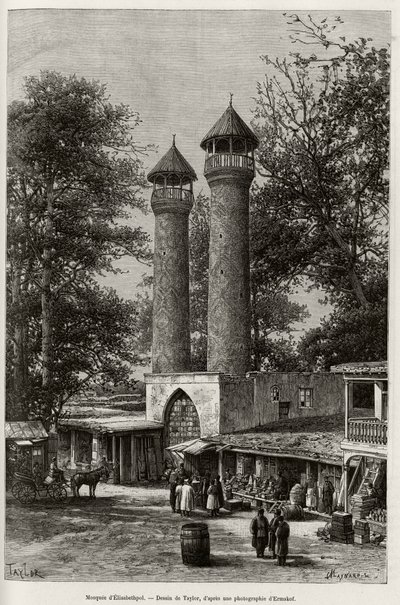 De moskee van Elisabethpol (of Gandja, of Kirovabad, Azerbeidzjan). Gravure door Taylor, ter illustratie van het verhaal 