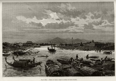 Uitzicht op Hue (Vietnam), met beschrijving van de navigatie op de Song Huong-rivier en de Thien Mu-pagode, achter de ommuring. Gravure door Taylor, ter illustratie van het verhaal 
