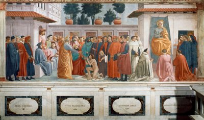 De Opwekking van de Zoon van Theophilus, de Koning van Antiochië, en St. Peter als Eerste Bisschop van Antiochië, c.1427 en c.1480 door T. Masaccio, F. Lippi