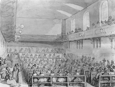 Quakers bijeenkomst in een Londense ontmoetingshuis door T. and Pugin A.C. Rowlandson