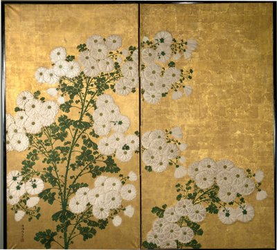 Schermpanelen versierd met bloemen. c. 1840 door Tabukun Hokio
