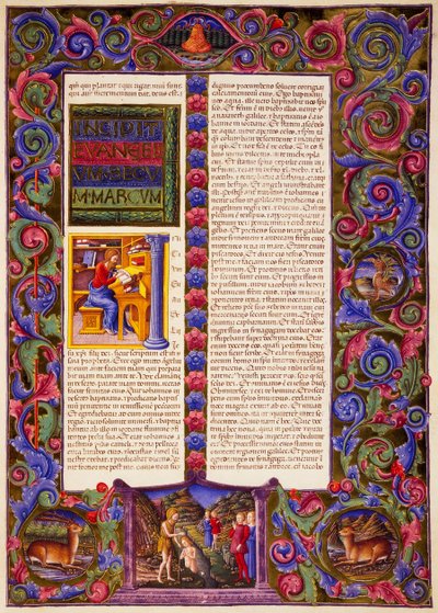 Incipit uit het Evangelie van Marcus, uit Deel II van de Bijbel van Borso d
