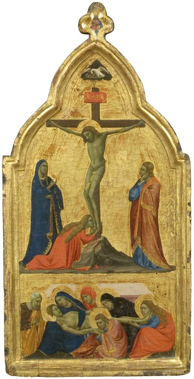 De Kruisiging en de Rouw (tempera op verguld paneel) door Taddeo Gaddi