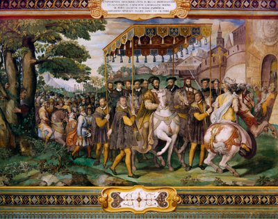 Francis I verwelkomt Karel V en kardinaal Alessio Farnese in Parijs, door Taddeo Zuccari (1529-1566), Palazzo Farnese, Caprarola, Italië door Taddeo Zuccari