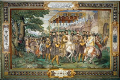 Koning Frans I ontvangt Karel V en kardinaal Alessandro Farnese in Parijs 1540 door Taddeo Zuccari