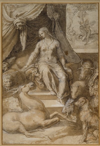 Circe zittend, de betoverde Argonauten getransformeerd door Taddeo Zuccaro
