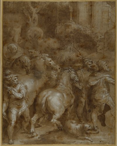 Paarden en mannen, naar rechts gericht door Taddeo Zuccaro