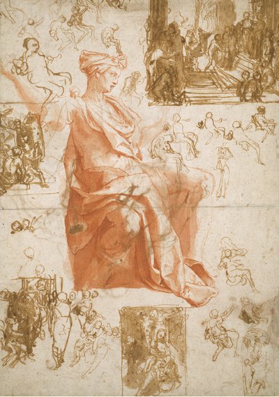 Blad met studies voor de verblinding van Elymas, het offer in Lystra en een heilige familie door Taddeo Zuccaro