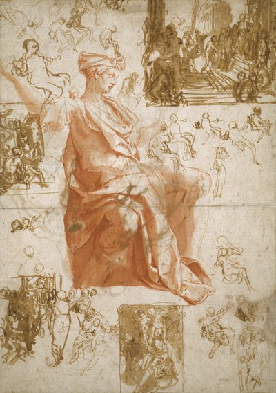 Blad met studies voor de verblinding van Elymas, offer in Lystra, en een Heilige Familie, ca.1558 door Taddeo Zuccaro