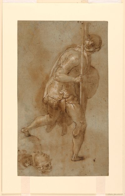 Soldaat rennend: Studie voor figuur in linker voorgrond, "Verraad van Christus," Rome, S. Maria della Consolazione, Matttei-kapel; aparte studies van twee hoofden door Taddeo Zuccaro